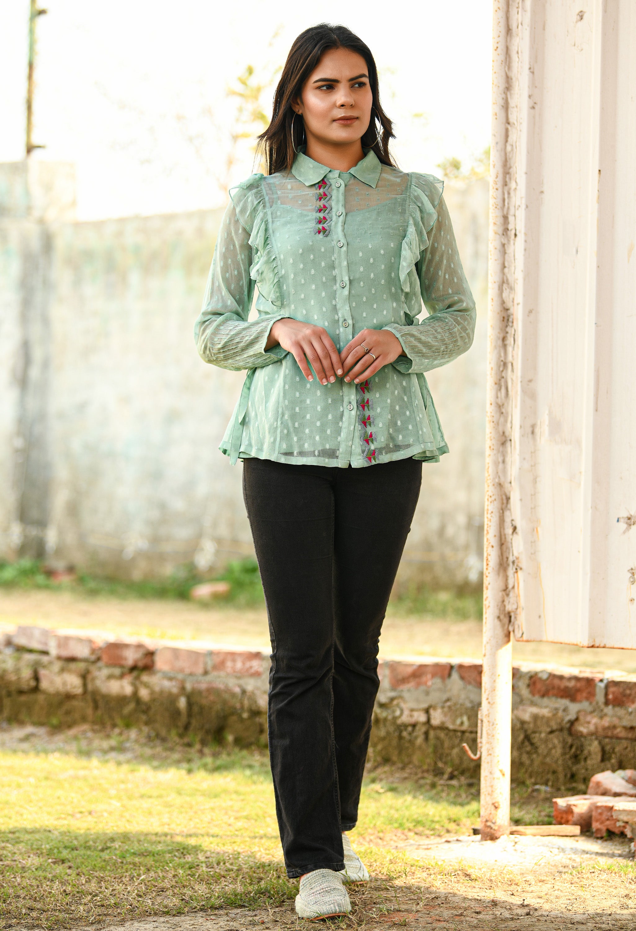 Mint Green Phulkari Embroidery Chiffon Top | Green Embroidery Chiffon Top